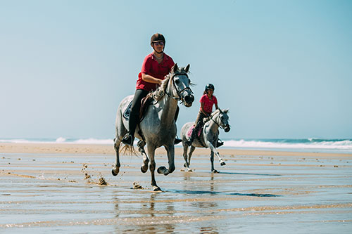 Reiter galoppieren am Strand in Les Landes an der französischen Atlantikküste